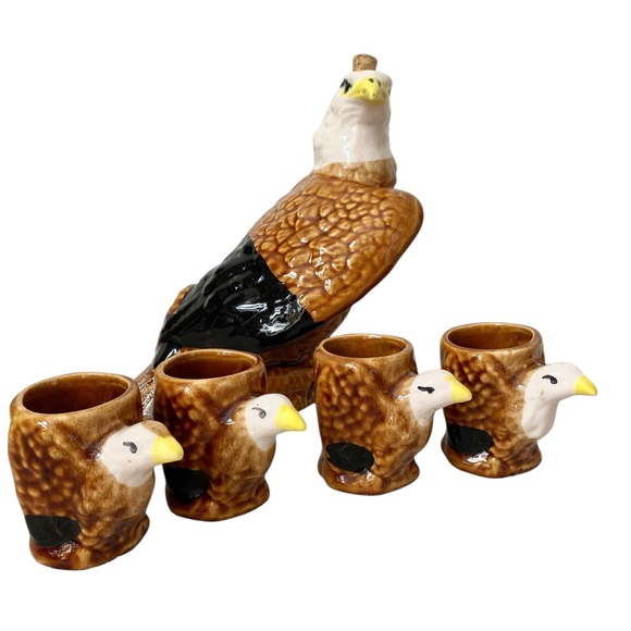Vintage MCM American Bald Eagle Decanter Set 4 Cups Shot Glasses Rare Retro - Picture 1 of 11